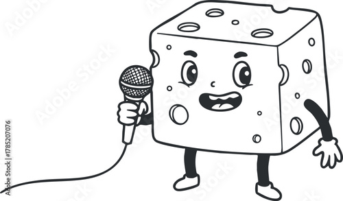 Playful cartoon vector illustration of a smiling cheese character holding a microphone, ideal for fun branding and entertainment projects