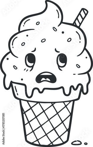 Cute cartoon vector illustration of an ice cream cone with a surprised expression, perfect for children's designs and food-themed projects