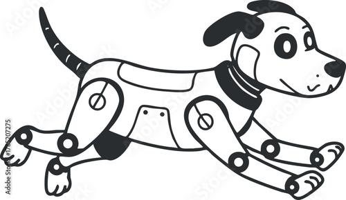 Playful cartoon vector illustration of a robotic dog in motion, perfect for technology and pet-themed design projects