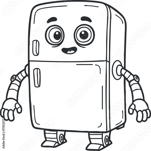 Cute cartoon character illustration of a smiling refrigerator with robotic arms, perfect for children's art and kitchen designs