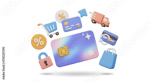 3 D rendering of online shopping icons including credit cards shopping cart delivery truck and shopping bag