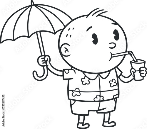 Playful cartoon illustration of a child holding an umbrella and sipping a drink, perfect for summer-themed designs