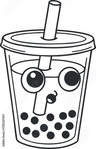 Cute cartoon vector illustration of a bubble tea cup with a straw and expressive eyes, ideal for food-related designs