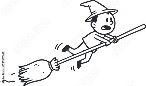 Playful cartoon illustration of a child dressed as a wizard flying on a broomstick, perfect for children's books or fantasy themes