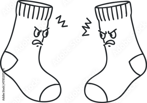 Playful line art illustration of two angry socks facing each other, perfect for humorous designs and apparel.