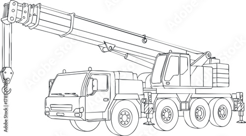 Outline vector illustration of a mobile crane vehicle for construction and industrial applications