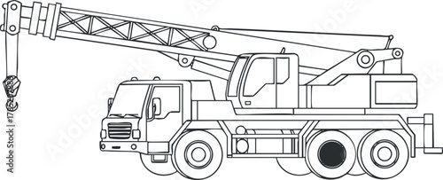 Outline vector illustration of a construction crane truck, suitable for engineering and industrial design projects