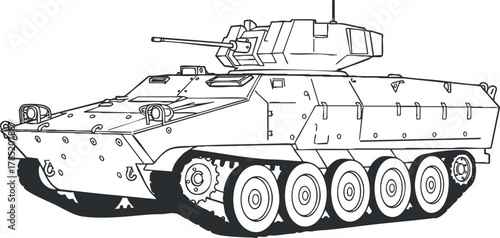 Outline vector illustration of a military armored tank, showcasing a modern combat vehicle design for defense and warfare contexts