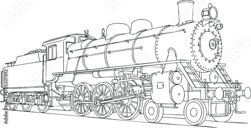 Detailed outline vector illustration of a vintage steam locomotive for transportation and railway-themed projects