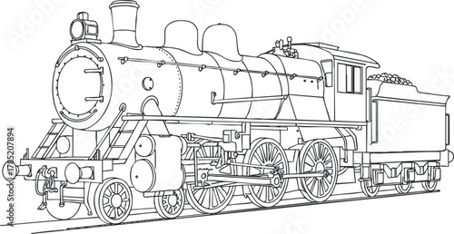 Detailed black and white vector illustration of a vintage steam locomotive engine for transportation and railway design projects