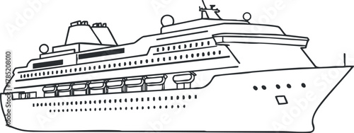 Outline vector illustration of a cruise ship design for travel and tourism concepts.