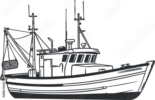 Outline vector illustration of a fishing boat with fishing gear, suitable for marine-themed design projects.