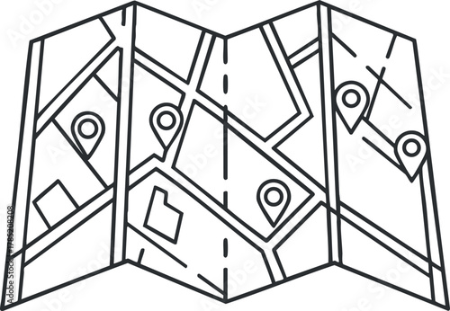Outline vector illustration of a folded map displaying various location markers, ideal for travel and navigation concepts.