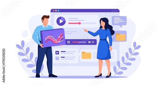 Man and Woman Collaborating on a Digital Video Project.