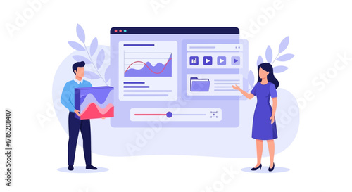 Two people interacting with a large digital interface displaying data and media files.