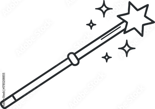 Minimalist line art vector illustration of a magic wand with a star tip and sparkling effects for fantasy and creative projects