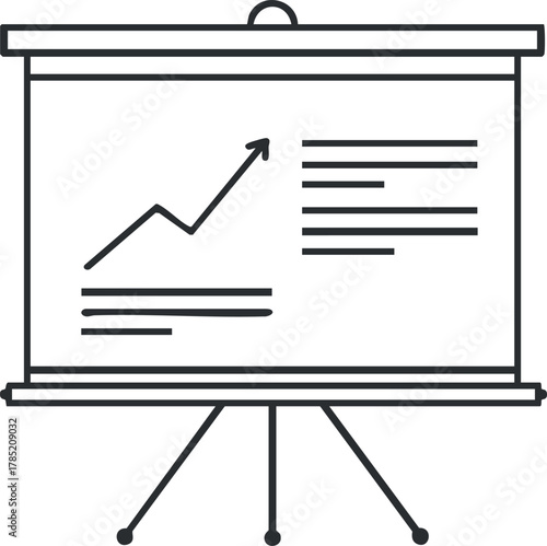 Outline vector illustration of a presentation board displaying a growth chart and text for business and strategy concepts