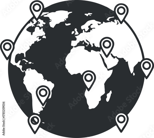 Minimalist black and white vector illustration of a globe with location pins, ideal for travel and navigation themes.