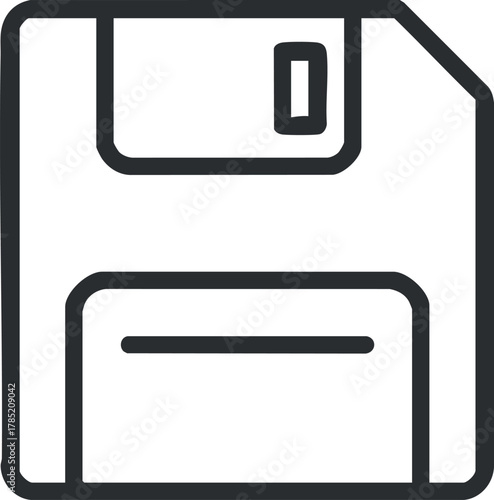 Outline vector illustration of a floppy disk icon for digital storage and data management concepts