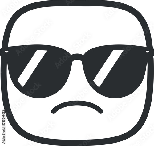 Minimalist vector illustration of a sad face character wearing sunglasses, ideal for digital design and emoticon use