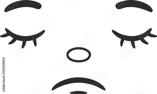 Minimalist black and white vector illustration of a sad face with closed eyes and a frowning expression for emotional design concepts.