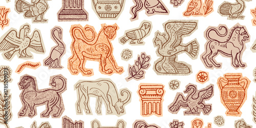 Ancient Roman and Greek seamless pattern. Statue from Greece and Rome. Mythology old art of broken column vase sun siren olive. Archeology and Museum vintage collage. Ancient seamless. Greek Roman bg