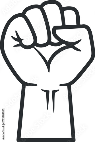 Bold outline vector illustration of a raised fist symbolizing strength, unity, and empowerment for activism and social justice.