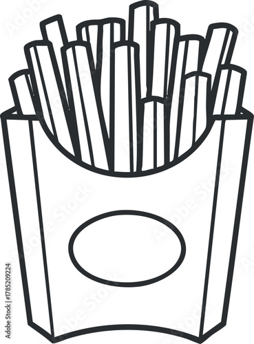 Minimalist black and white vector illustration of a container filled with crispy french fries, ideal for food-related designs.
