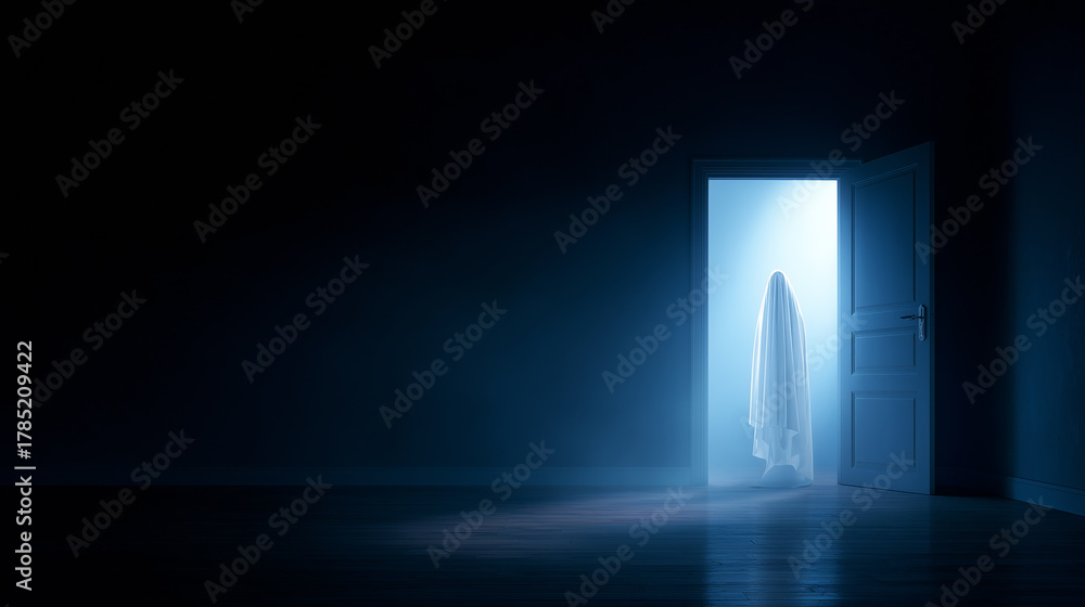 Obraz premium A dimly lit room features an open door with a glowing blue light. A ghostly figure draped in a white sheet stands just inside the doorway, creating an eerie atmosphere during the night