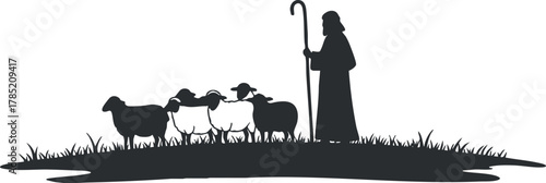 Silhouette vector illustration of a shepherd with a flock of sheep standing on green grass for rural and pastoral themes