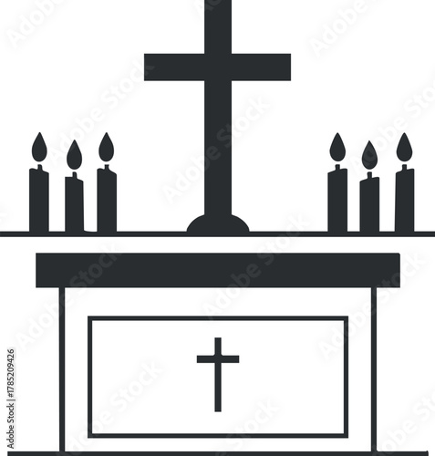Minimalist vector illustration of a church altar with a cross, suitable for religious and spiritual design projects