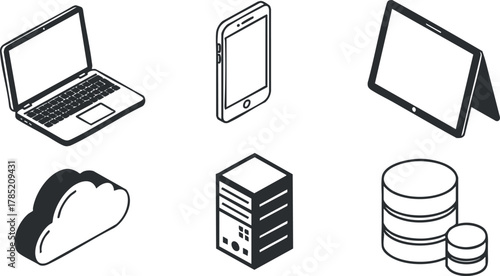 Set of modern flat vector icons featuring various digital devices like laptop, smartphone, tablet, and cloud storage for technology design.