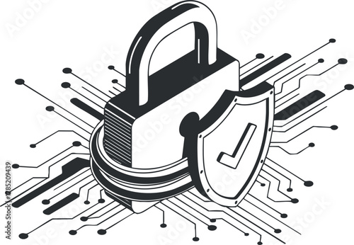 Modern vector illustration of a secure padlock and shield symbolizing digital security and protection concepts