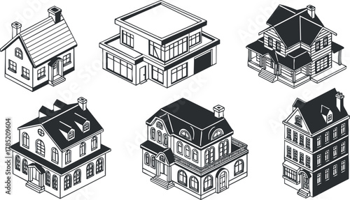 Vector illustration set of various house designs including modern, classic, and cottage styles for real estate projects