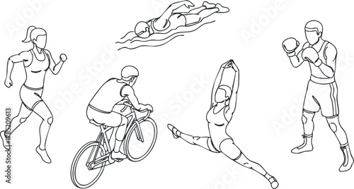 Line art vector illustration showcasing various sports and fitness activities including running, cycling, swimming, and boxing for health and wellness projects.