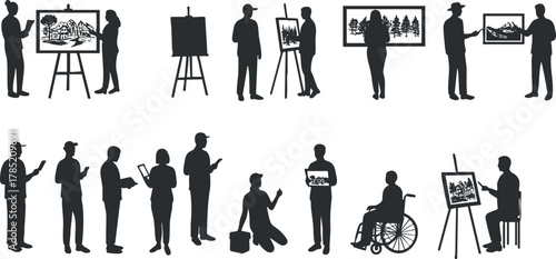 Silhouette vector illustration of artists showcasing their work in various scenes, ideal for art-related projects and designs