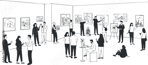 Minimalist black and white vector illustration of an art gallery scene with visitors admiring various artworks
