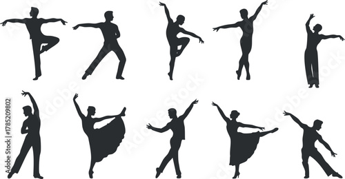 Silhouette vector icon set showcasing various dance poses and movements for artistic and performance-related projects