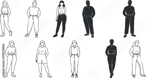 Modern minimalist vector illustration set featuring diverse male and female figures in various casual outfits for fashion design projects
