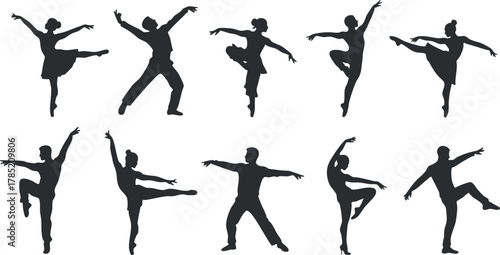 Silhouette vector icon set showcasing various dance poses in a dynamic and elegant style for artistic projects