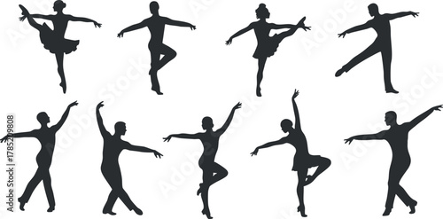 Silhouette vector icon set showing various ballet dancers in elegant poses for artistic and design projects