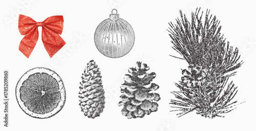 Holiday and Winter-themed Elements. Stippling Christmas Vector Set
