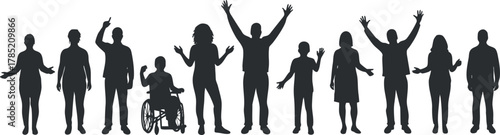 Silhouette vector illustration of diverse people expressing joy and inclusivity, ideal for community and social awareness projects