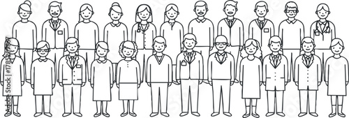 Line art vector illustration featuring a diverse group of professionals in various occupations, suitable for business and teamwork themes
