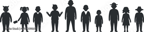 Silhouette vector illustration of diverse human figures representing various ages and genders, suitable for social or community themes