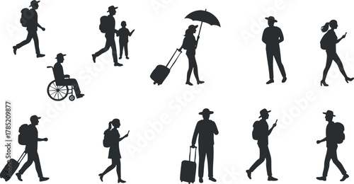Silhouette vector icon set showing diverse people traveling with luggage, walking, and engaging in various activities for design and branding projects