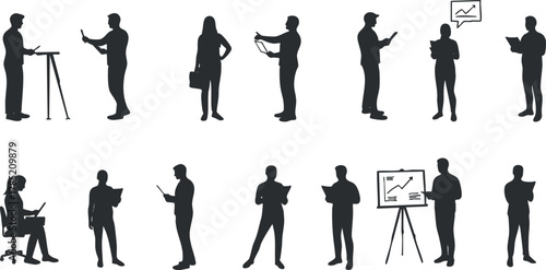 Collection of silhouette vector illustrations depicting business professionals engaged in presentations, analysis, and teamwork for office and design projects