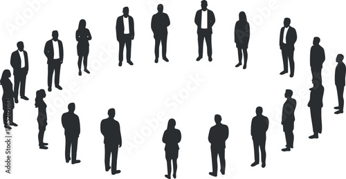 Silhouette vector illustration of diverse business professionals gathered in a circular formation for teamwork and collaboration.