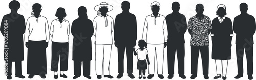 Silhouette vector illustration of diverse people standing together, representing community and unity for social projects and designs