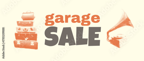 Vintage Garage Sale Vector Illustration with Halftone Effect Featuring Retro Objects